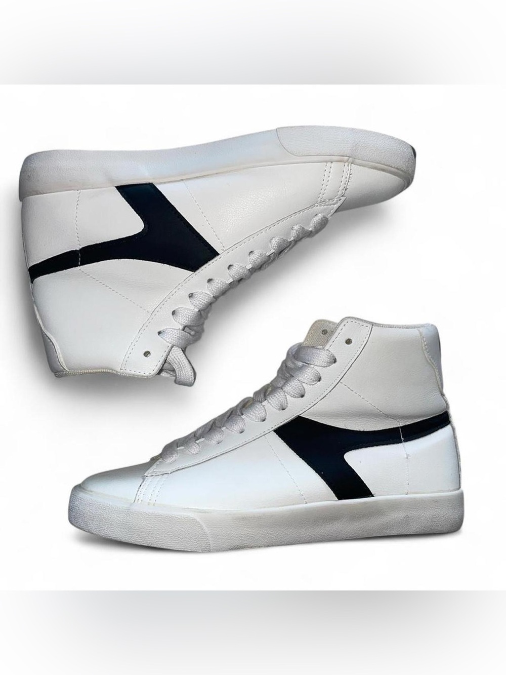 Rachel Zoe White Leather High Top Sneakers Black Stripe
